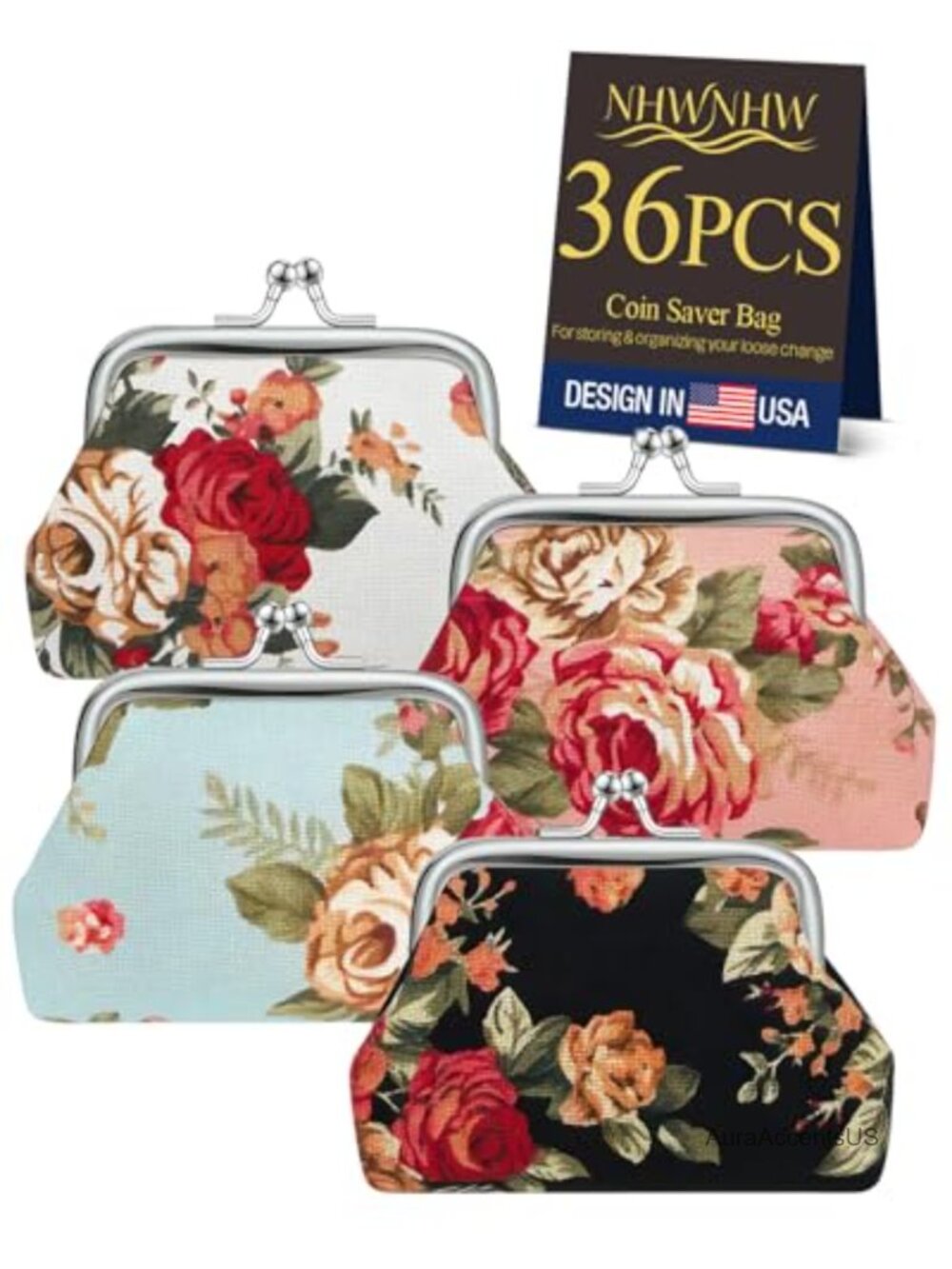 36 Canvas Floral Mini Coin Purses Kiss Lock Clasp Set Gift Trinket Bags